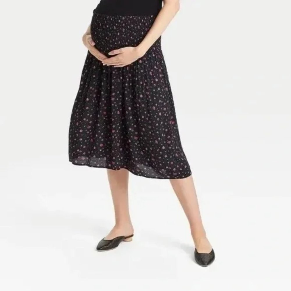 Nines by Hatch Maternity Black Floral Smocked Skirt XXL